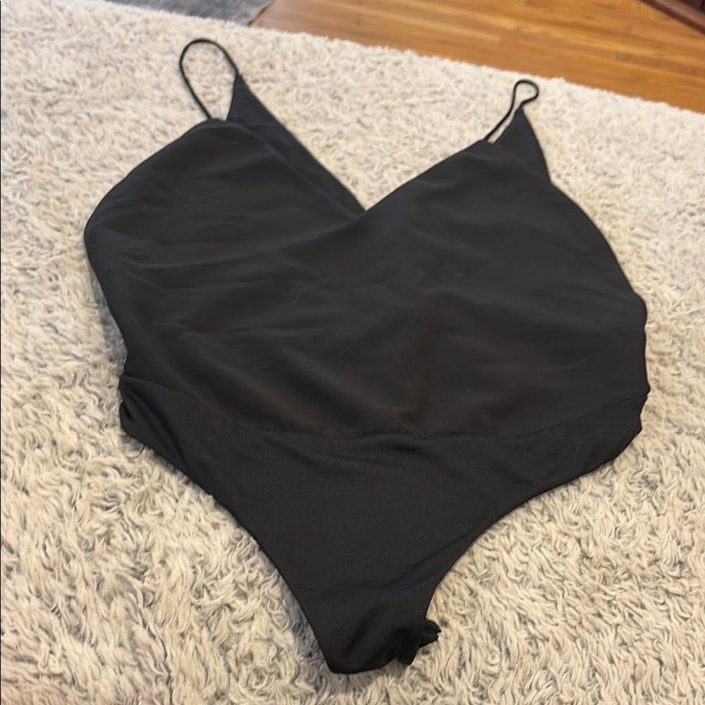 NBD Bodysuit Womens Medium Black Good V-Neck Spaghetti Strap Thong Snap Gusset